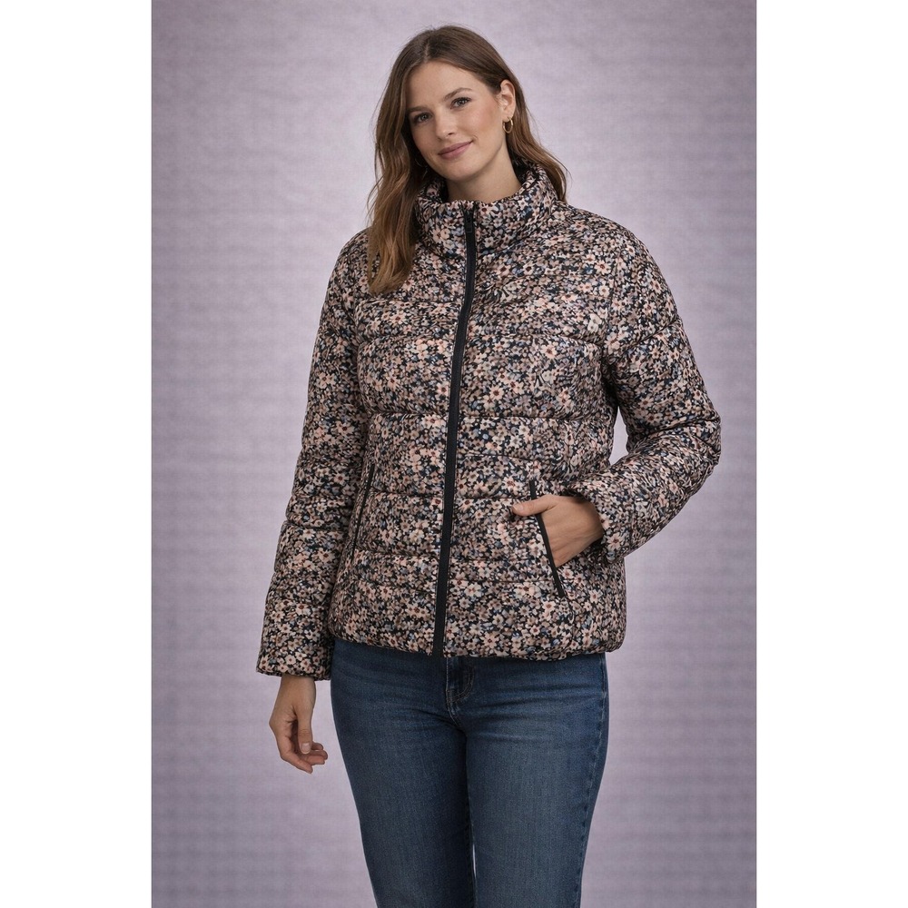 Womens Floral Puffer Jacket Size M Zip Up Lightweight Quilted Coat